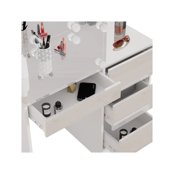 Coiffeuse 4 Tiroirs Blanche Haute Brillance + LED Coiffeuse avec rangement Coiffeuse maquillage Coiffeuse femme