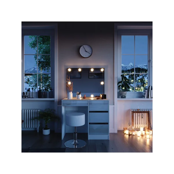 Coiffeuse 4 Tiroirs Blanche Haute Brillance + LED + TABOURET Coiffeuse avec rangement Coiffeuse maquillage Coiffeuse femme