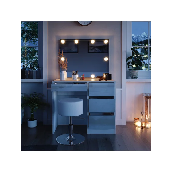 Coiffeuse 4 Tiroirs Blanche Haute Brillance + LED + TABOURET Coiffeuse avec rangement Coiffeuse maquillage Coiffeuse femme