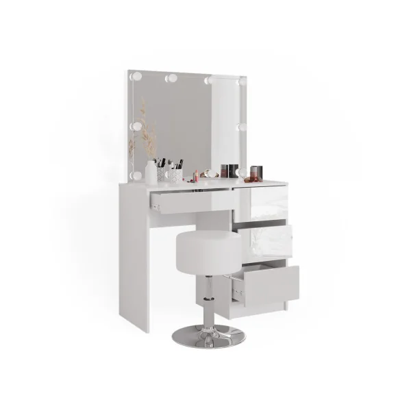 Coiffeuse 4 Tiroirs Blanche Haute Brillance + LED + TABOURET Coiffeuse avec rangement Coiffeuse maquillage Coiffeuse femme