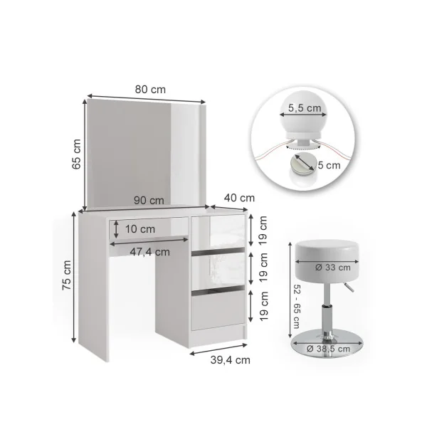 Coiffeuse 4 Tiroirs Blanche Haute Brillance + LED + TABOURET Coiffeuse avec rangement Coiffeuse maquillage Coiffeuse femme