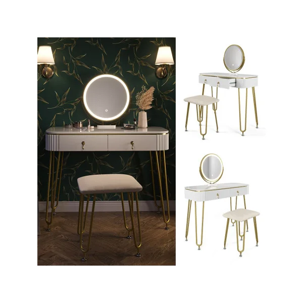 Coiffeuse blanc brillant 2 tiroirs Miroir LED + Tabouret Table manucure Coiffeuse femme élégante