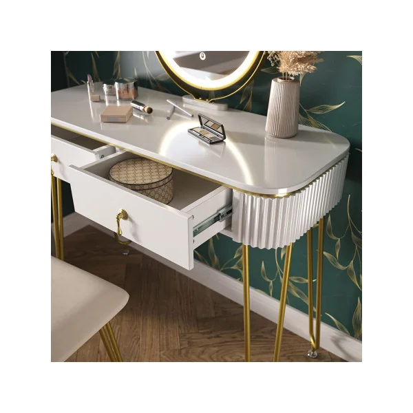 Coiffeuse blanc brillant 2 tiroirs Miroir LED + Tabouret Table manucure Coiffeuse femme élégante