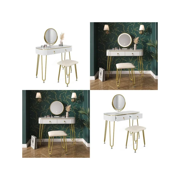 Coiffeuse blanc brillant 2 tiroirs Miroir LED + Tabouret Table manucure Coiffeuse femme élégante