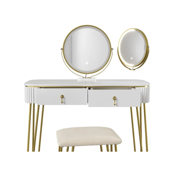Coiffeuse blanc brillant 2 tiroirs Miroir LED + Tabouret Table manucure Coiffeuse femme élégante