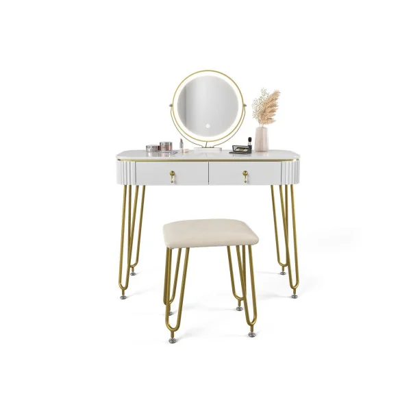 Coiffeuse blanc brillant 2 tiroirs Miroir LED + Tabouret Table manucure Coiffeuse femme élégante