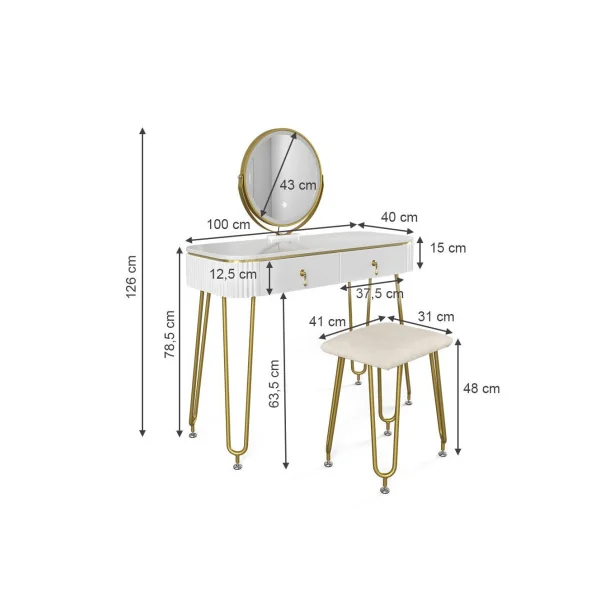 Coiffeuse blanc brillant 2 tiroirs Miroir LED + Tabouret Table manucure Coiffeuse femme élégante