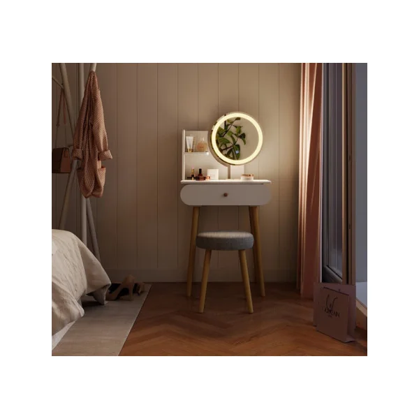 Coiffeuse blanche 1 tiroirs Miroir LED + Tabouret Table manucure Coiffeuse femme esprit scandinave