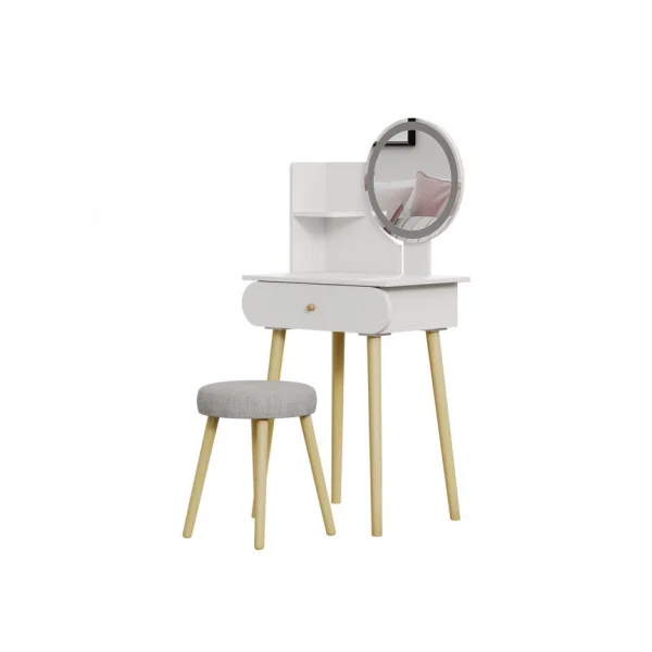 Coiffeuse blanche 1 tiroirs Miroir LED + Tabouret Table manucure Coiffeuse femme esprit scandinave