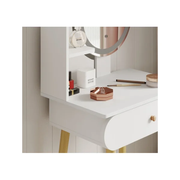 Coiffeuse blanche 1 tiroirs Miroir LED + Tabouret Table manucure Coiffeuse femme esprit scandinave