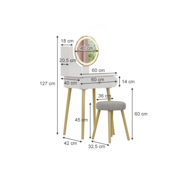 Coiffeuse blanche 1 tiroirs Miroir LED + Tabouret Table manucure Coiffeuse femme esprit scandinave