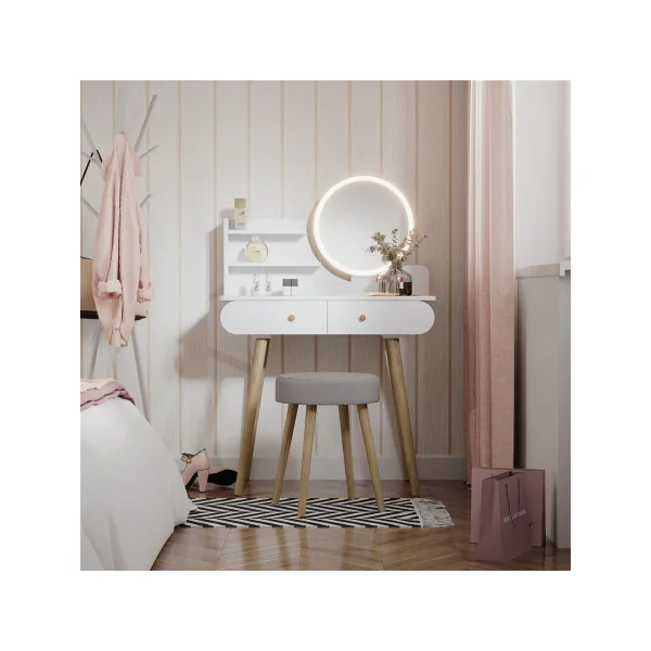 Coiffeuse blanche 2 tiroirs Miroir LED + Tabouret Table manucure Coiffeuse femme esprit scandinave