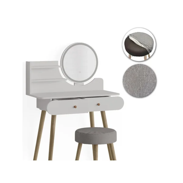 Coiffeuse blanche 2 tiroirs Miroir LED + Tabouret Table manucure Coiffeuse femme esprit scandinave