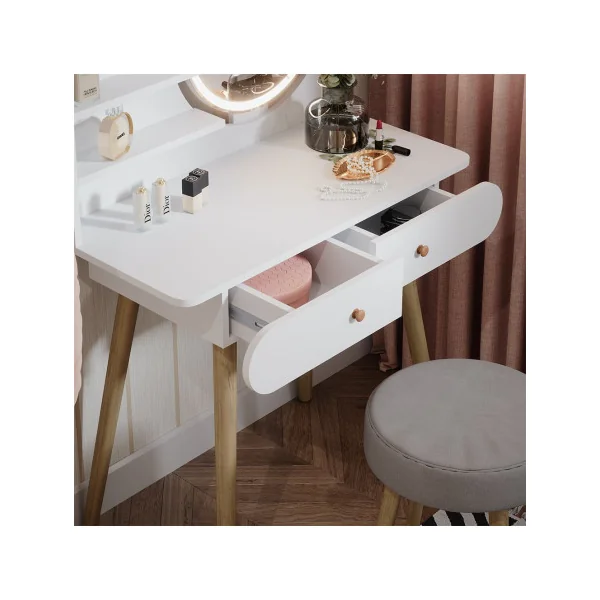 Coiffeuse blanche 2 tiroirs Miroir LED + Tabouret Table manucure Coiffeuse femme esprit scandinave
