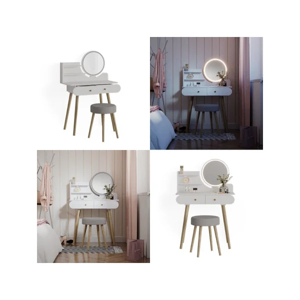 Coiffeuse blanche 2 tiroirs Miroir LED + Tabouret Table manucure Coiffeuse femme esprit scandinave