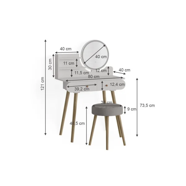 Coiffeuse blanche 2 tiroirs Miroir LED + Tabouret Table manucure Coiffeuse femme esprit scandinave
