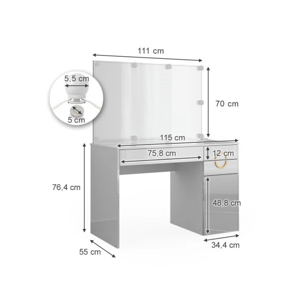 Coiffeuse Blanche 3 Tiroirs + Miroir + LED + Table Maquillage Moderne avec Rangements