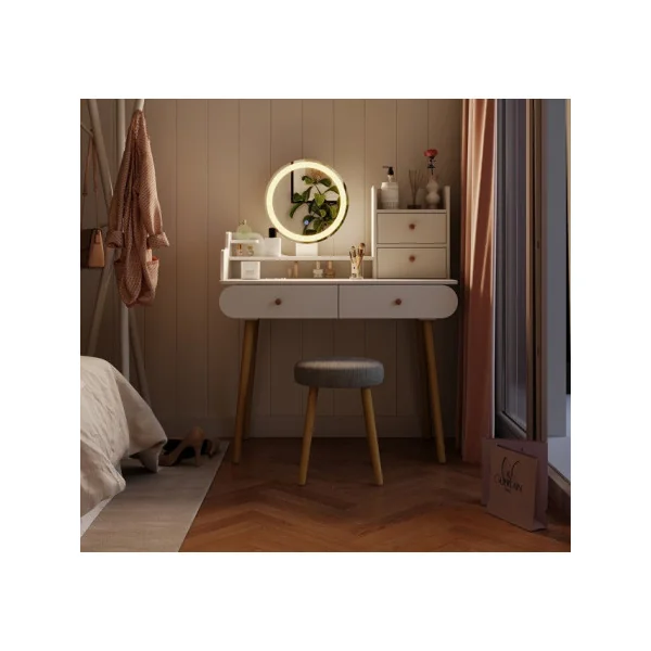 Coiffeuse Blanche 4 tiroirs Miroir LED + Tabouret Table manucure Coiffeuse femme esprit scandinave