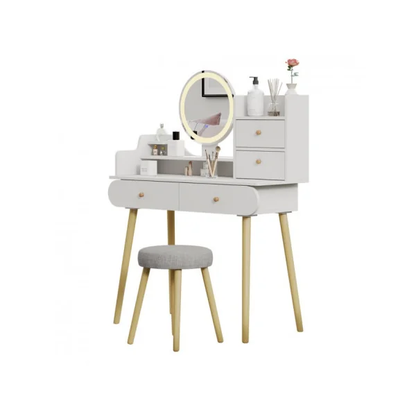 Coiffeuse Blanche 4 tiroirs Miroir LED + Tabouret Table manucure Coiffeuse femme esprit scandinave