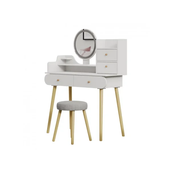 Coiffeuse Blanche 4 tiroirs Miroir LED + Tabouret Table manucure Coiffeuse femme esprit scandinave