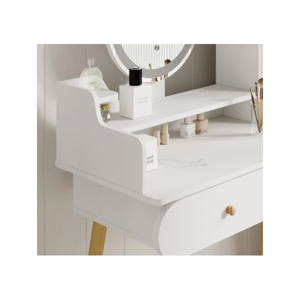 Coiffeuse Blanche 4 tiroirs Miroir LED + Tabouret Table manucure Coiffeuse femme esprit scandinave