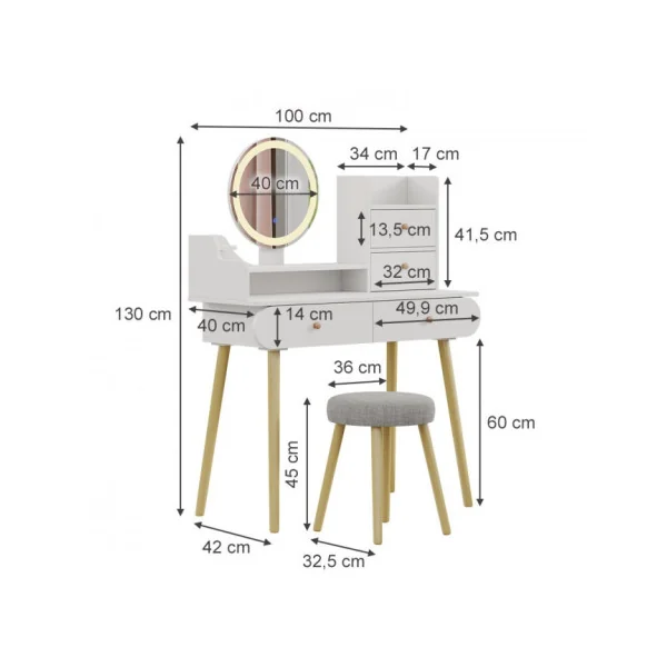 Coiffeuse Blanche 4 tiroirs Miroir LED + Tabouret Table manucure Coiffeuse femme esprit scandinave