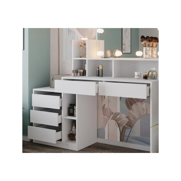 Coiffeuse Blanche 5 Tiroirs avec Miroir + LED Coiffeuse femme Coiffeuse Moderne Table Maquillage