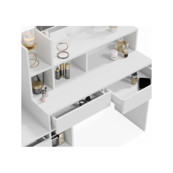 Coiffeuse Blanche 5 Tiroirs avec Miroir + LED Coiffeuse femme Coiffeuse Moderne Table Maquillage