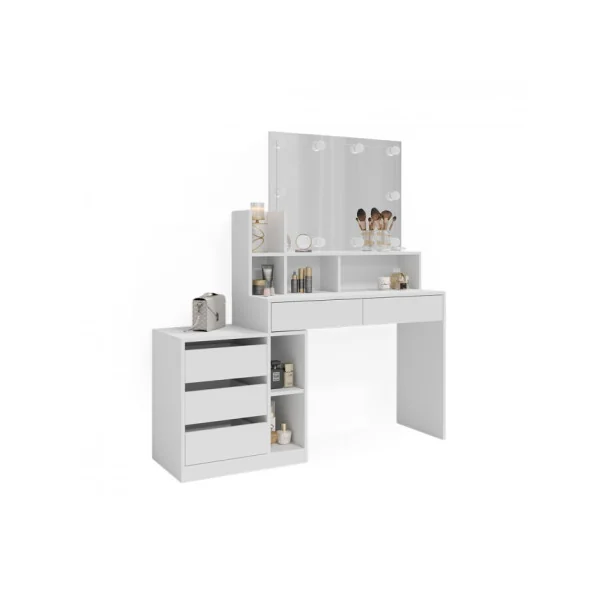 Coiffeuse Blanche 5 Tiroirs avec Miroir + LED Coiffeuse femme Coiffeuse Moderne Table Maquillage
