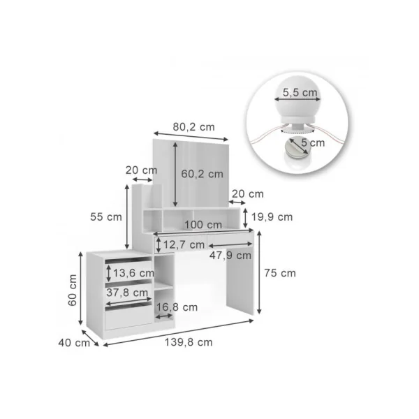 Coiffeuse Blanche 5 Tiroirs avec Miroir + LED Coiffeuse femme Coiffeuse Moderne Table Maquillage