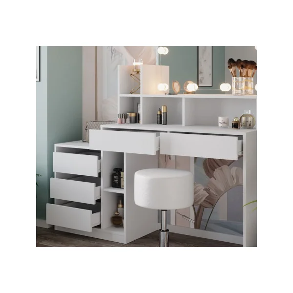 Coiffeuse Blanche 5 Tiroirs avec Miroir + LED + Tabouret Coiffeuse femme Coiffeuse Moderne Table Maquillage