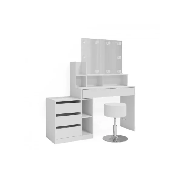 Coiffeuse Blanche 5 Tiroirs avec Miroir + LED + Tabouret Coiffeuse femme Coiffeuse Moderne Table Maquillage