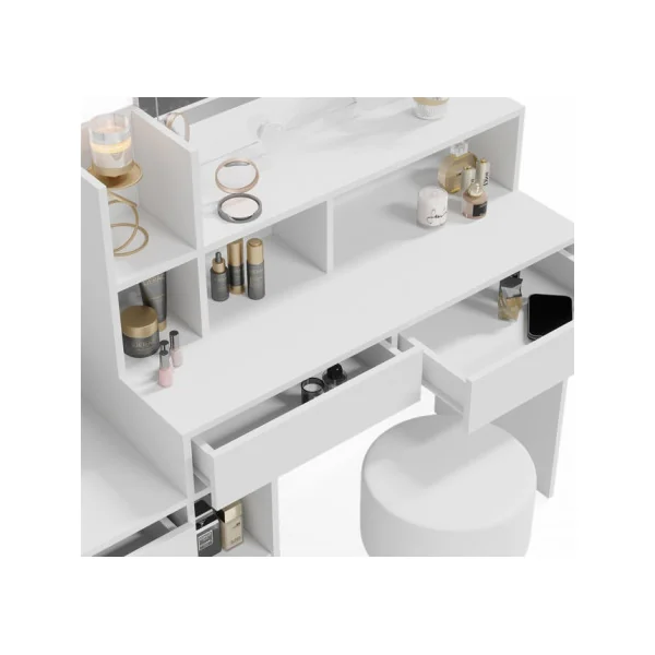 Coiffeuse Blanche 5 Tiroirs avec Miroir + LED + Tabouret Coiffeuse femme Coiffeuse Moderne Table Maquillage
