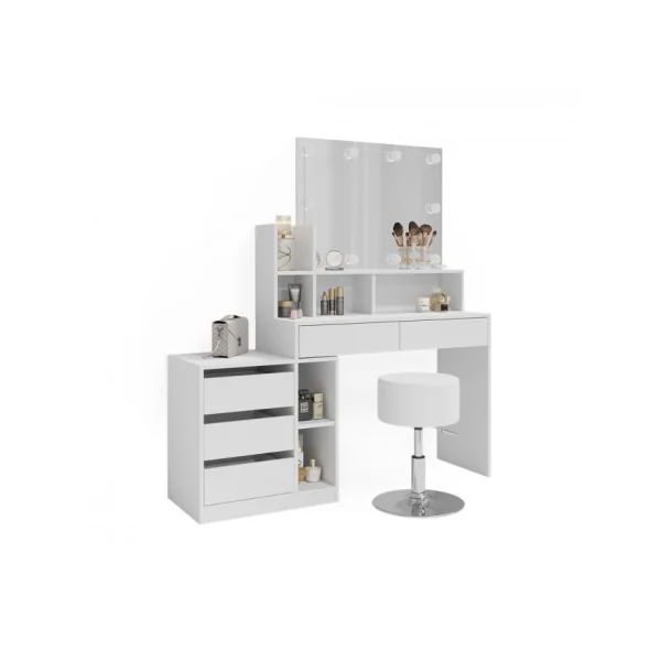 Coiffeuse Blanche 5 Tiroirs avec Miroir + LED + Tabouret Coiffeuse femme Coiffeuse Moderne Table Maquillage