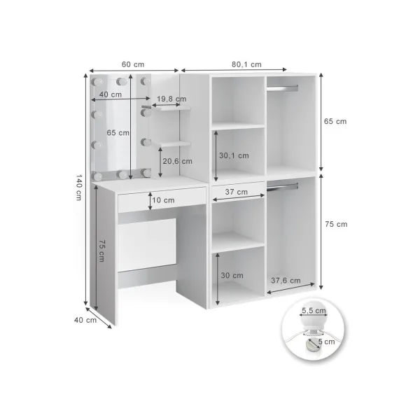 Coiffeuse blanche avec rangement + LED Coiffeuse maquillage Coiffeuse femme Coiffeuse chambre