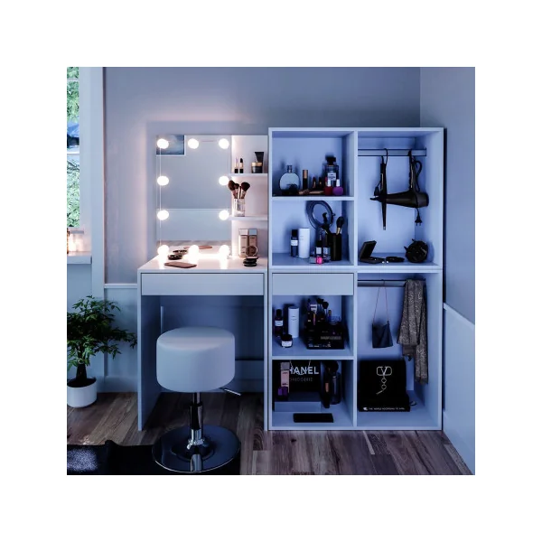 Coiffeuse blanche avec rangement + LED + Tabouret Coiffeuse maquillage Coiffeuse femme Coiffeuse chambre