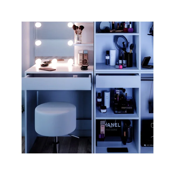 Coiffeuse blanche avec rangement + LED + Tabouret Coiffeuse maquillage Coiffeuse femme Coiffeuse chambre