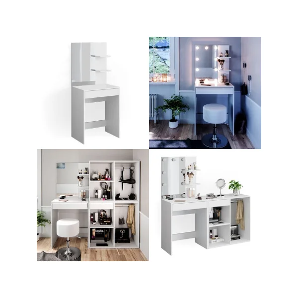Coiffeuse blanche avec rangement + LED + Tabouret Coiffeuse maquillage Coiffeuse femme Coiffeuse chambre