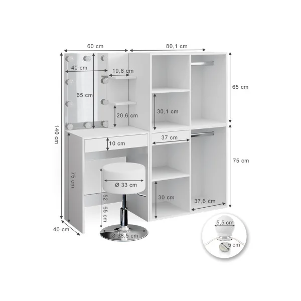 Coiffeuse blanche avec rangement + LED + Tabouret Coiffeuse maquillage Coiffeuse femme Coiffeuse chambre