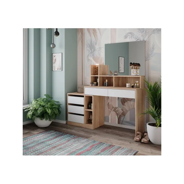 Coiffeuse Blanche et Chêne 5 Tiroirs avec Miroir Coiffeuse femme Coiffeuse Moderne Table Maquillage