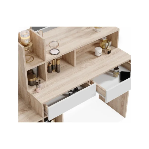 Coiffeuse Blanche et Chêne 5 Tiroirs avec Miroir Coiffeuse femme Coiffeuse Moderne Table Maquillage