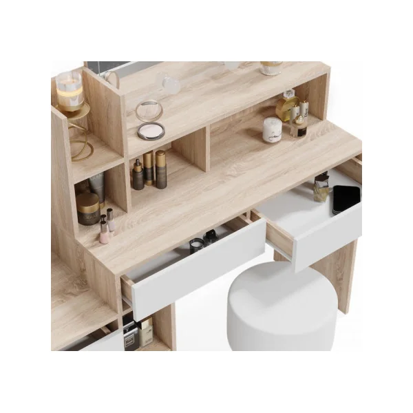 Coiffeuse Blanche et Chêne 5 Tiroirs avec Miroir + LED + Tabouret Coiffeuse femme Coiffeuse Moderne Table Maquillage