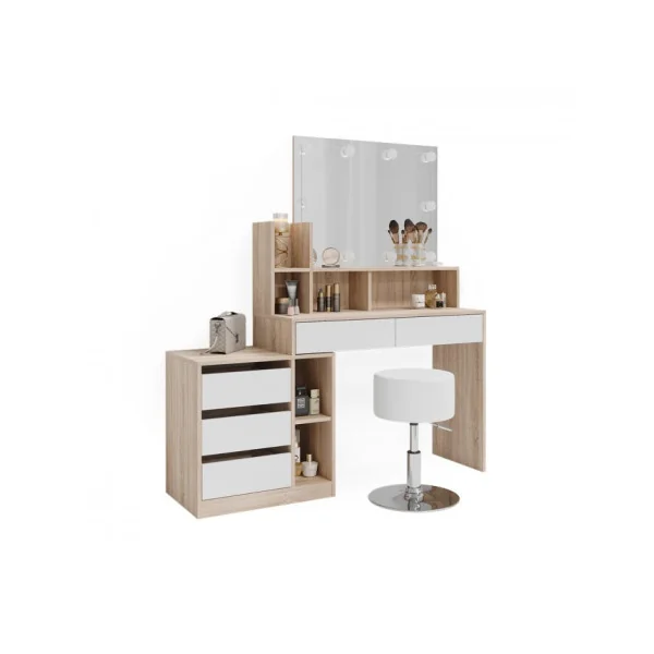 Coiffeuse Blanche et Chêne 5 Tiroirs avec Miroir + LED + Tabouret Coiffeuse femme Coiffeuse Moderne Table Maquillage