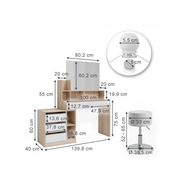 Coiffeuse Blanche et Chêne 5 Tiroirs avec Miroir + LED + Tabouret Coiffeuse femme Coiffeuse Moderne Table Maquillage