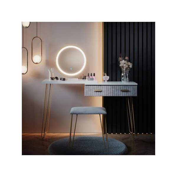 Coiffeuse blanche et grise 2 tiroirs Miroir LED + Tabouret Table manucure Coiffeuse femme