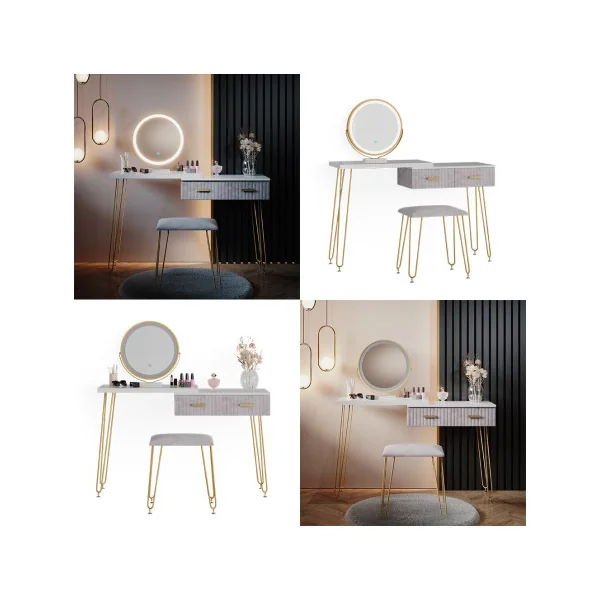 Coiffeuse blanche et grise 2 tiroirs Miroir LED + Tabouret Table manucure Coiffeuse femme