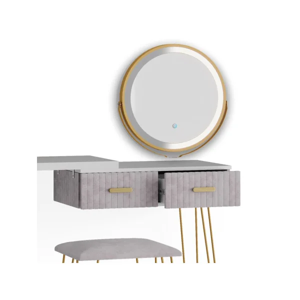 Coiffeuse blanche et grise 2 tiroirs Miroir LED + Tabouret Table manucure Coiffeuse femme