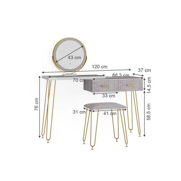 Coiffeuse blanche et grise 2 tiroirs Miroir LED + Tabouret Table manucure Coiffeuse femme