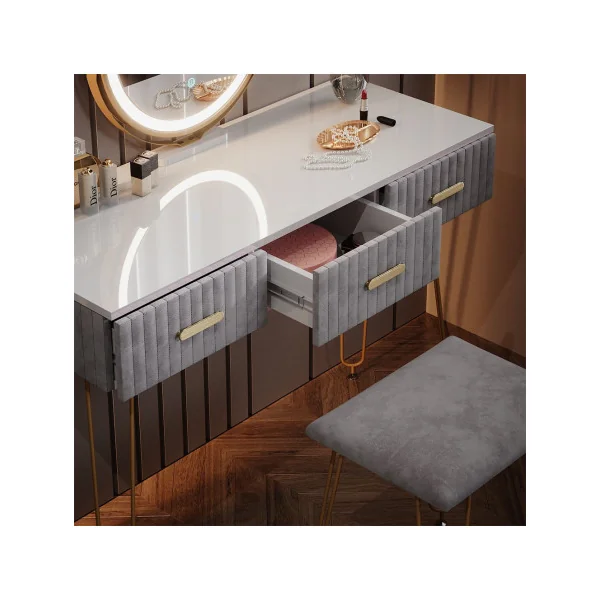 Coiffeuse blanche et grise 3 tiroirs Miroir LED + Tabouret Table manucure Coiffeuse femme