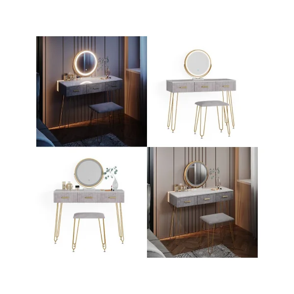 Coiffeuse blanche et grise 3 tiroirs Miroir LED + Tabouret Table manucure Coiffeuse femme